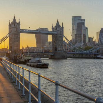 View of Tower Bridge and the City of London in the background at sunset, London, England, United Kingdom, Europe